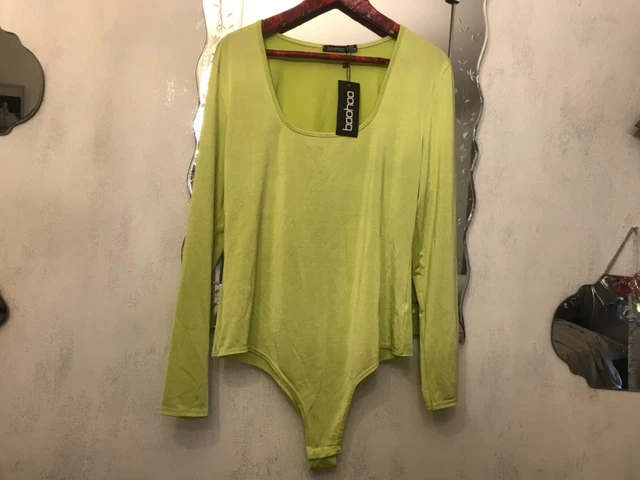 BODYSUITE a maniche lunghe quadrate Boohoo taglia 22 lime nuovo con etichette
