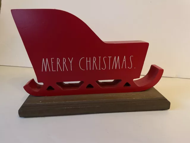 RAE DUNN "Merry Christmas" Red Wood Sleigh with Base Tabletop or Mantle Decor