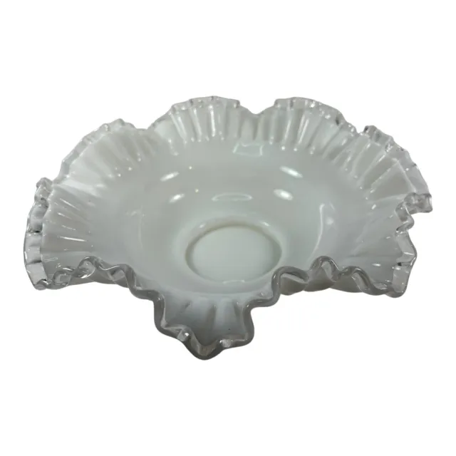 Vintage Fenton Silver Crest Milk Glass Crimped Ruffled Bowl Compote Candy Dish