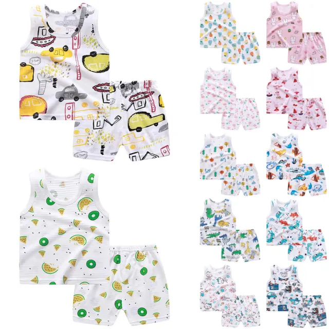 Infant Baby Boys Girls Cartoon Print Sleeveless Vest Tops Shorts Outfits Pajamas