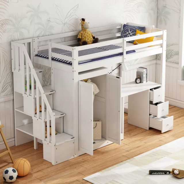 3FT Kids Bunk Bed High Sleeper Bed Wooden Bed Frames with Wardrobe and Desk MN