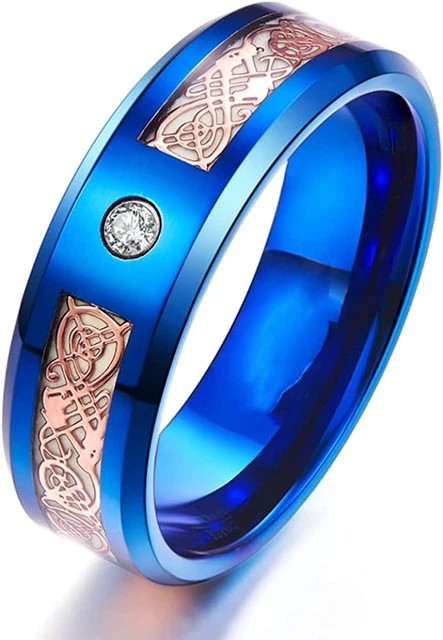 8Mm Glow in the Dark Dragon Ring Royal Blue Stainless Steel Wedding Band Celtic