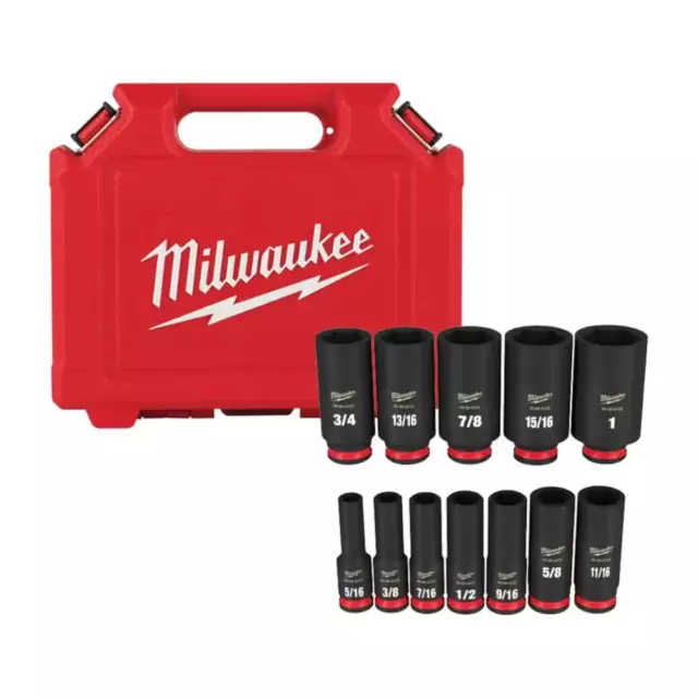 3/8 in. Drive Deep Well 6 Point Impact Socket Set 12-Piece with Red Storage Case