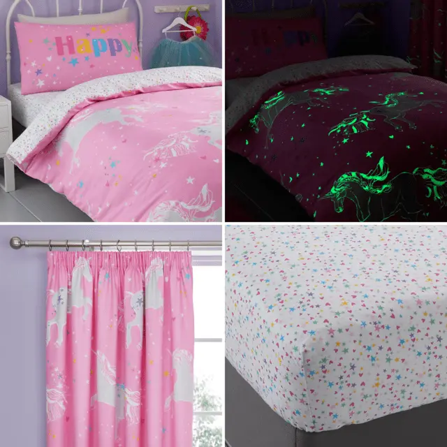 Pink Unicorn Glow Magical Glow In The Dark Kids Reversible Bedding Curtains