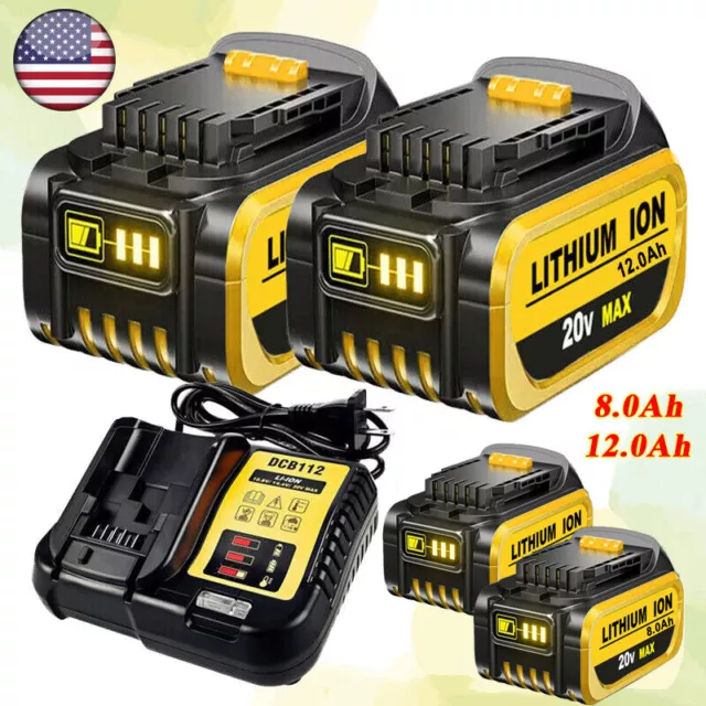 Pack Battery/Charger For DeWalt 20V Max XR 12.0/8.0AH Lithium DCB206-2 DCB205-2