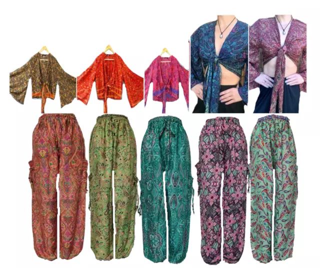 Surtido de 20 piezas de pantalones harén de seda y tops, blusa bohemia...