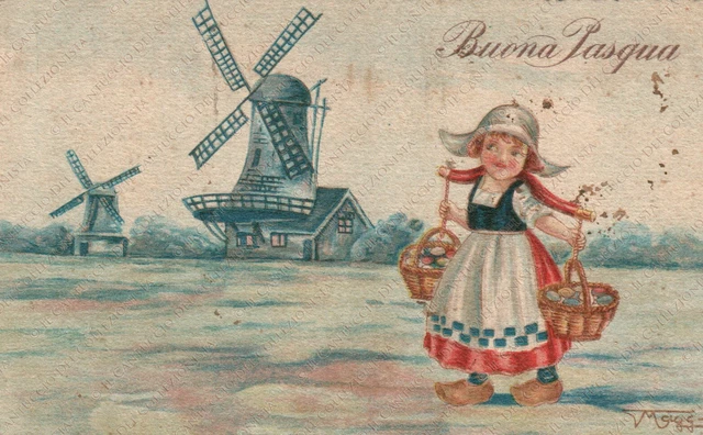 1933 Buona Pasqua mulini a vento bambina costume olandese Cartolina augurale