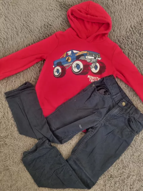 Outfit Gr.122/128 H&M C&A Rot Kapuzenpullover Hose Blau Monster Truck Junge Set