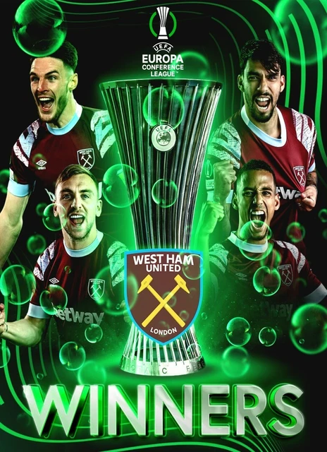 HWC Trading - Stampa Incorniciata A3 The Hammers UEFA Europa Conference League 2023 E FA Cup 1980 Con Foto Autografate, Cimeli Da Collezione Per Tifosi