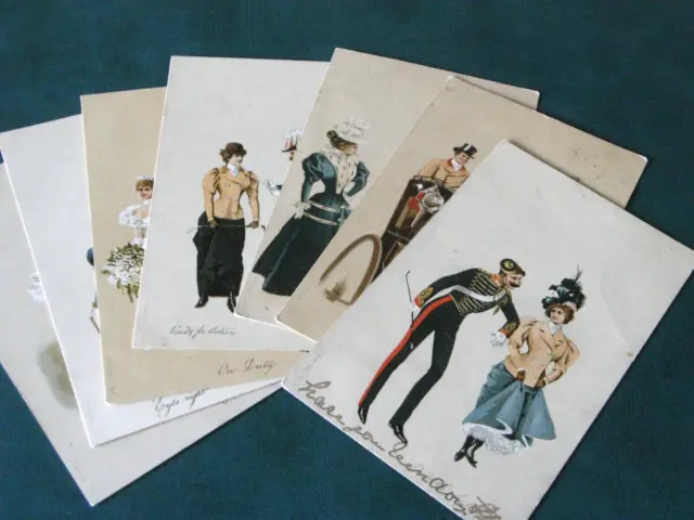 Seven Original Art Nouveau Glamour Military Postcards.