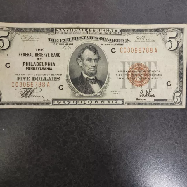 💎HIGH GRADE 1929 $5 FIVE DOLLAR BANKNOTE, BROWN SEAL, Philadelphia💎