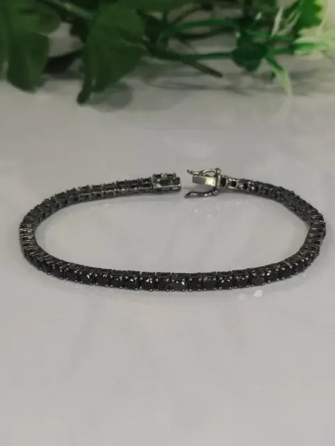 Art Deco 4mm Black Diamond Tennis 9" Bracelet - 18K Black Gold Over For Men's