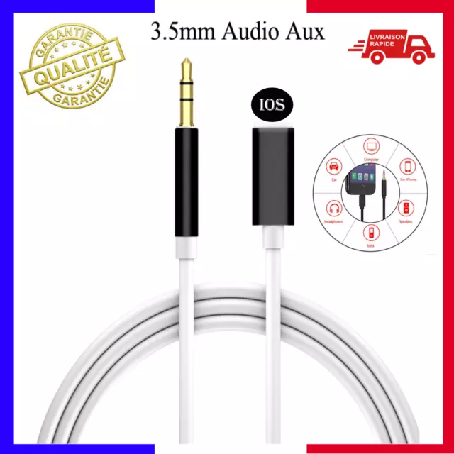 câble jack 3.5 mm vers 8 Pin mâle pour iPhone 6 7 8 audio AUX  Gris / Blanc 1m