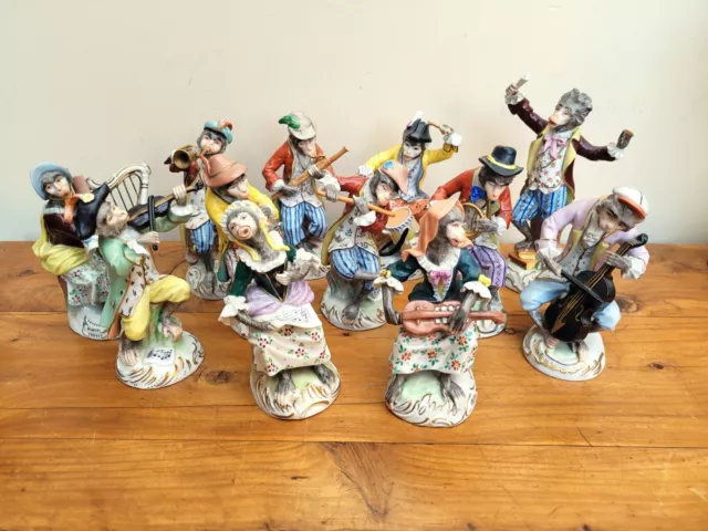 Vintage Set of 12 Dresden Monkey Band Orchestra Figures Carl Thieme Potschappel