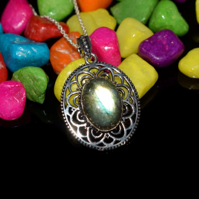 Labradorite Multi Gemstone Oval Pendant Chain In Brass Sacred Geometry Necklace
