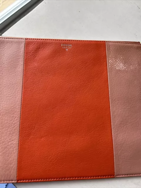 Fossil Sydney Top Zip Leather Pouch Slim Clutch in Orange and Pink Colorblock