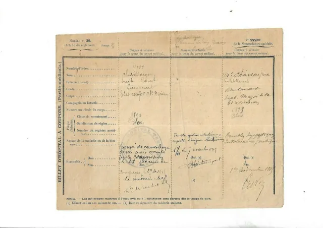 1915. WW1. Hôpital temporaire. Compiègne. Billet d' hôpital à coupons. Militaria