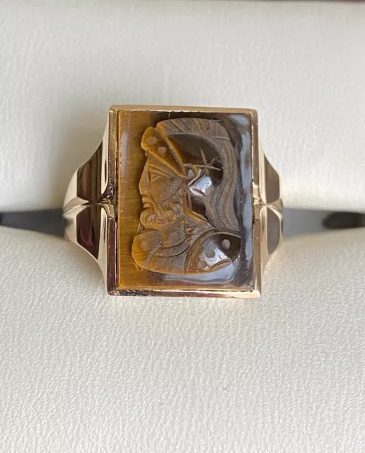 5.7g Vintage 10K Yellow Gold Carved Tiger's Eye Roman Soldier Cameo Ring - Sz 10 5.7g Vintage 10K Yellow Gold Carved Tiger's Eye Roman Soldier Cameo Ring - Sz 10