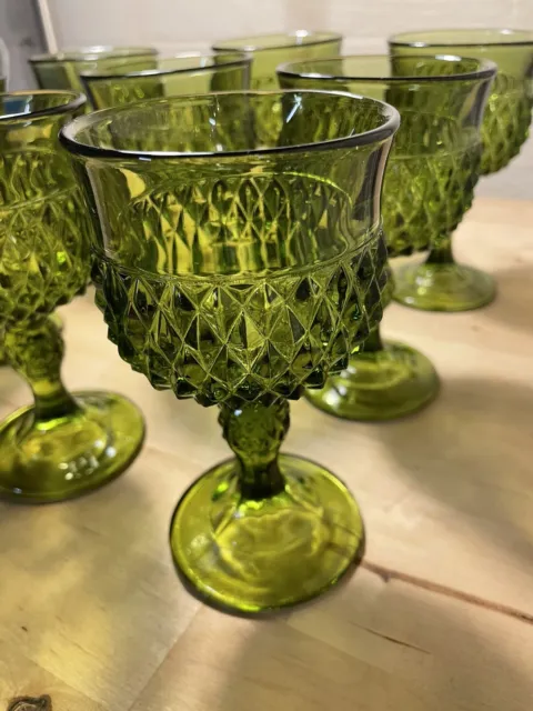 Vintage Indiana Glass Green Diamond Goblets, Mid Century Pedestal Wine Glasses