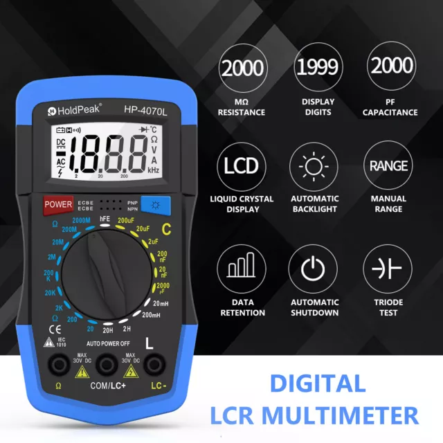 HoldPeak Digital LCR Meter Resistance Capacitance Inductance Tester w/Back-light 2