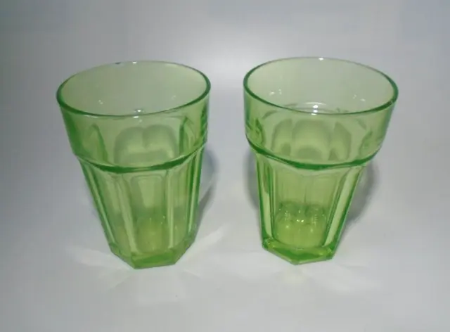 2 x Vintage / Antique Pressed Glass Chunky Tumbler Drinking Glasses, Pale Green