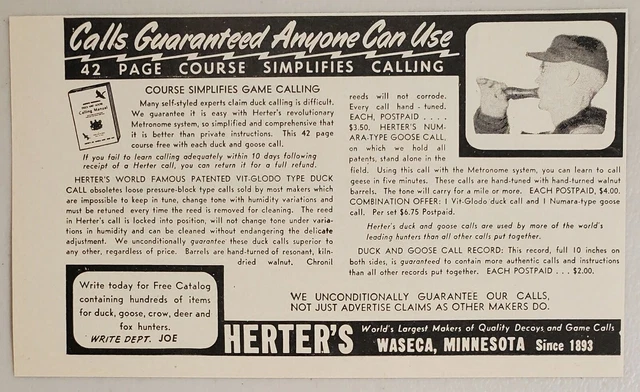 1954 Print Ad Herter's Course Simplifies Game Calling Waseca,Minnesota