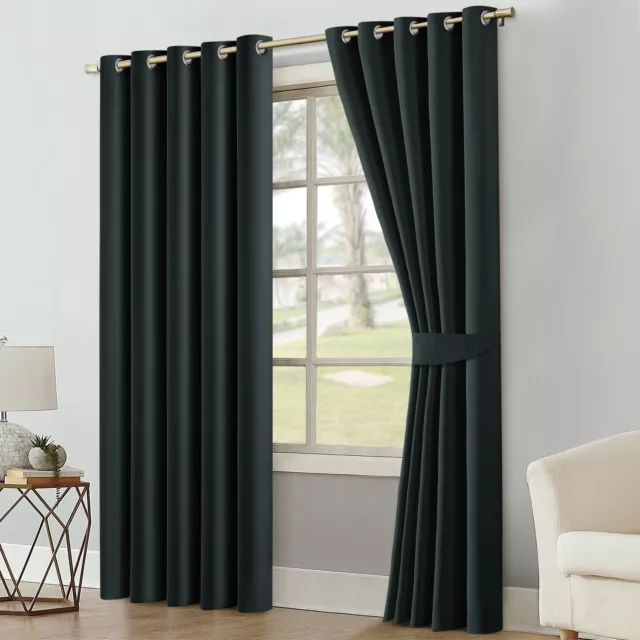 Thick Thermal Blackout Ready Made Eyelet Ring Top Pair Curtains Panel +Tie Backs