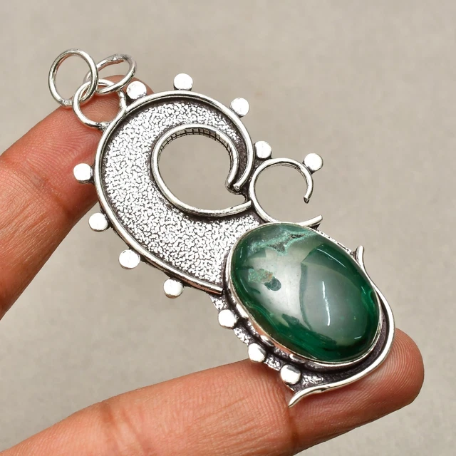 Pendentif En Argent 925 Avec Pierre Serpentine Dorée - Fait Main, Collier 18 Pouces