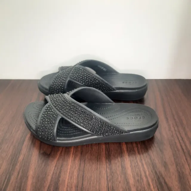 Crocs Sloane Womens Size 7 Sandals Black Slide Embellished Strap Slip On Comfort 3