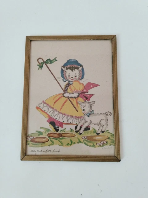 Mary Had A Little Lamb Wall Hanging Glass Metal Frame Picture K. Townsend 8 x 6"