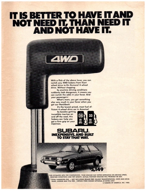 Subaru 4 Wheel Drive on Demand 4WD $5149 MRP Vintage Print Advertisement 1980