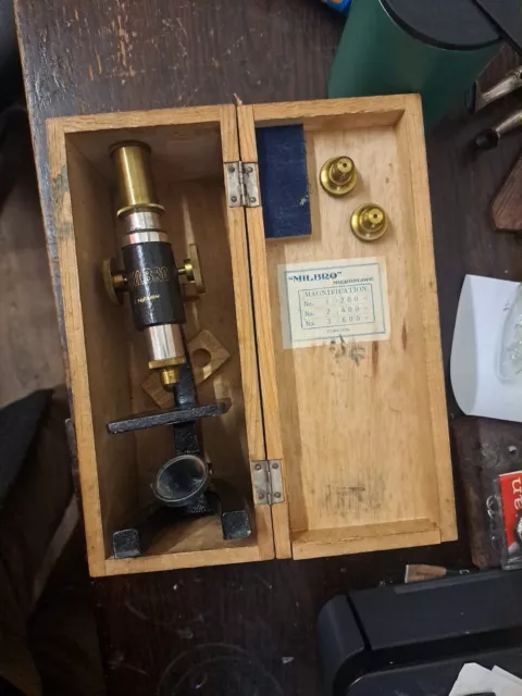 Old "Milbro" Microscope In Wooden Box