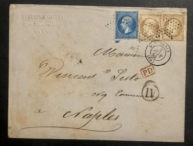 Francia 20+10+10 Cent 1865 Parigi Busta Pubblicitaria Italia Napoli