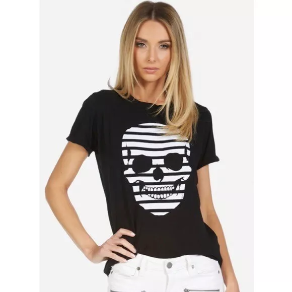 Lauren Moshi Edda Striped Skull Skeleton Tee Shirt Black White Stripe