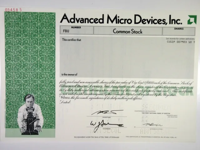 Advanced Micro Devices, Inc., 1994 Specimen Stock Certificate, XF