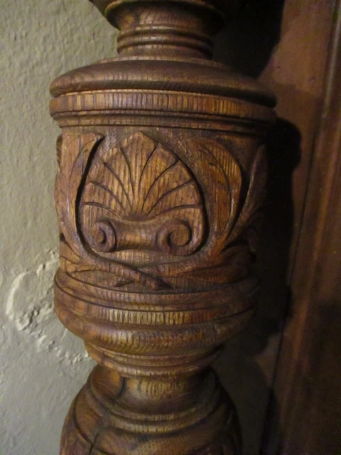 Antique Newel Post Victorian Hand Carved Leaves & Shell Solid Oak 60" Tall 3