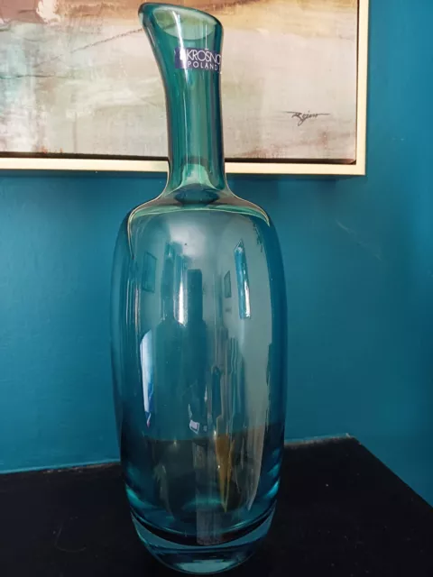 Krosno Poland Teal Colour Studio Art Glass With Sticker Bottle Vase