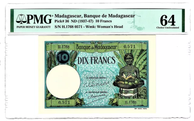 Madagaskar Banque De 10 Franken ND (1937-47) Pick 36 PMG Auswahl UNC 64