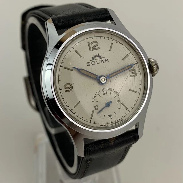 VINTAGE MENS WATCH 1940’s WW2 Solar Sub Second 30mm Military Lume Blue