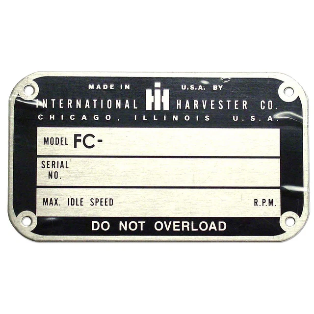 Serial Number Tag w/ Rivets 2-1/4" X 4" -Fits  International C Tractor