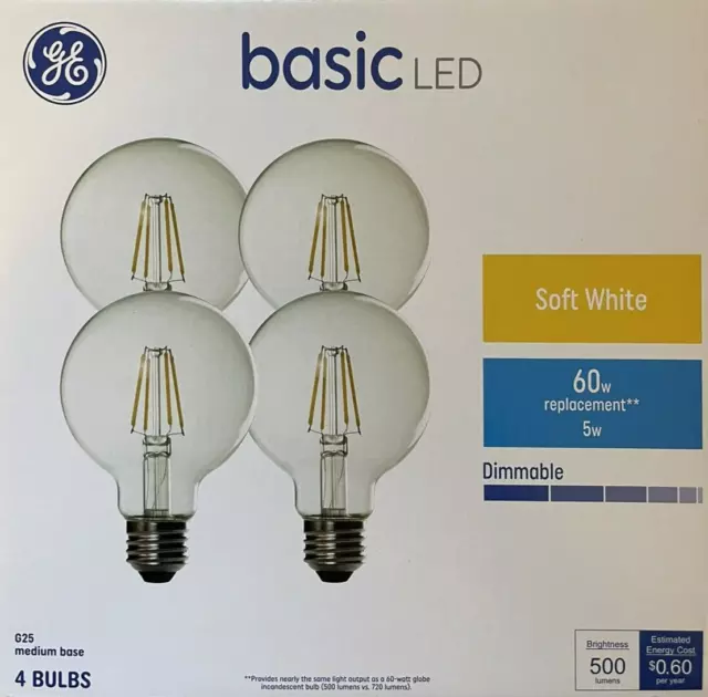 4 GE 60-Watt Basic Clear Soft White G25 LED Vanity Globe Light Bulbs