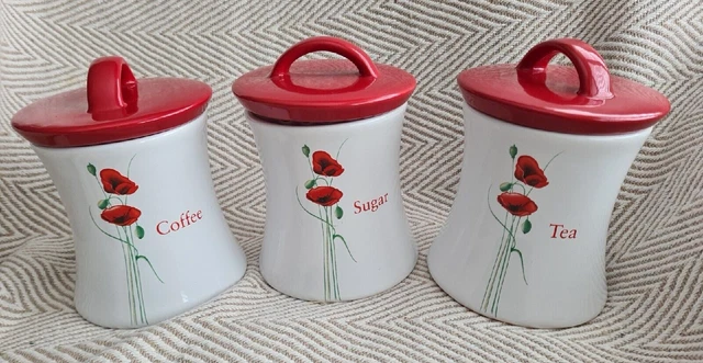 Red ceramic tea coffee sugar best sale canisters
