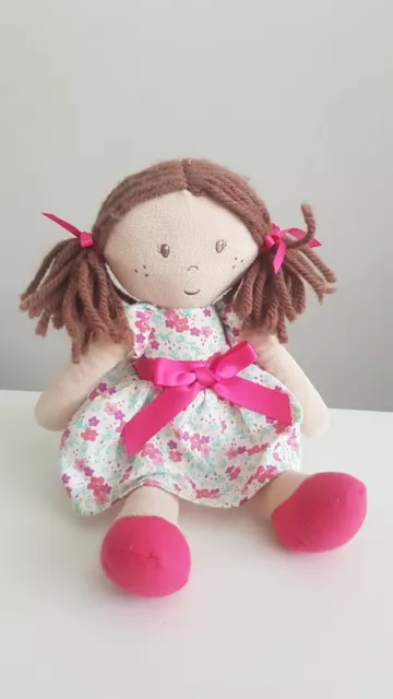 M&S Rag Doll Soft Toy Floral Dress Brown Hair Pink Bow Plush Cuddly
