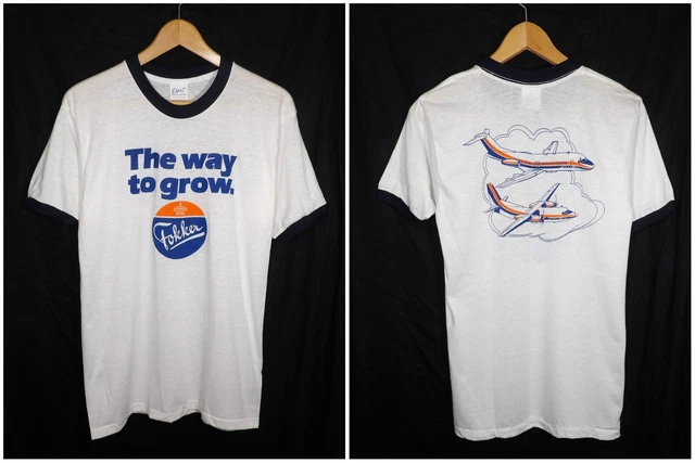 Fokker Vintage Nos Airplane Tee Large L The Way To Grow Ringer T-Shirt F27 F28