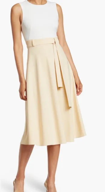 Calvin Klein Womens Ivory Pleated Midi Work Fit Flare Dress Size 8 White &beige