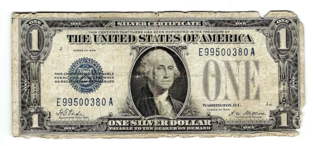 "FUNNY BACK" SERIES 1928 Small $1 US SILVER CERTIFICATE NOTE