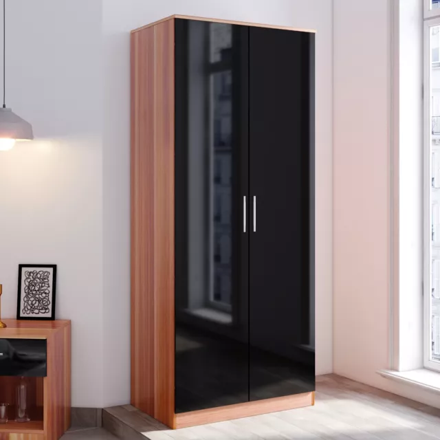 2 Doors Walnut High Gloss Wardrobe Storage with Hanging Rail Furniture Cupboard