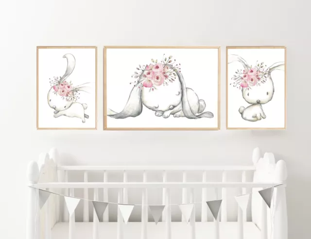 Nursery Wall Art Prints Woodland Bunny Boho floral baby girl decor set of three