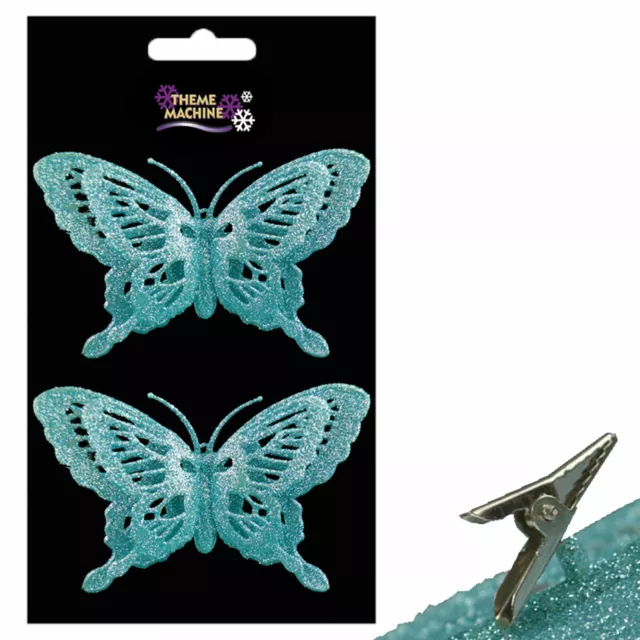 Christmas 2 Pack Clip on Glitter Butterfly Tree Decoration - Ice Blue