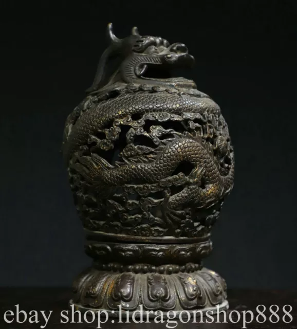11.2" Ming Xuande Chinese Copper Gilt Dynasty Dragon censer incense burner